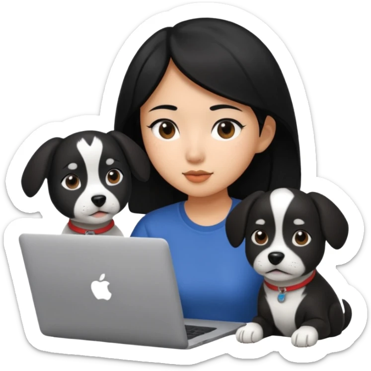 Asian girl with black hair working on an Apple laptop, next to her is a black and white dog sticker