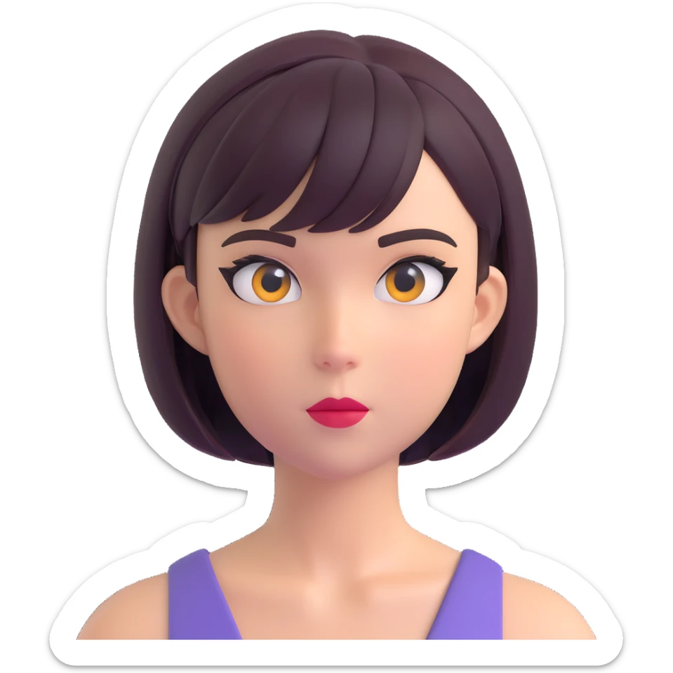 a sweet alt-girl head with short bob hair and bold eyeliner, no neck, just the face and hair, very cute expression, 3D emoji style sticker
