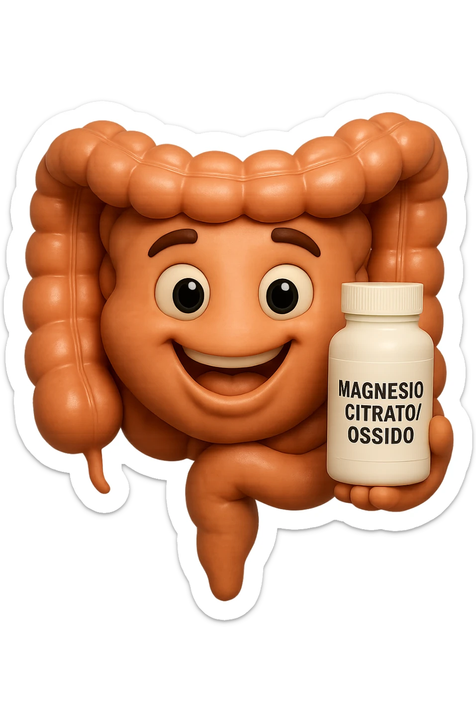 emoji stile iphone 3d di intestino umano felice che tiene in mano una boccetta di magnesio con la scritta "MAGNESIO CITRATO/OSSIDO" SULL'ETICHETTA , iperrealistico 4k sticker