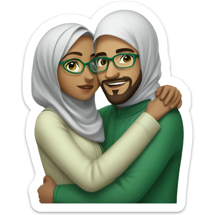 A young Muslim woman with green glasses and her young Muslim husband with glasses and a beard hug sticker