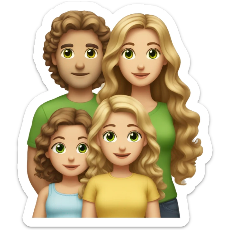 Family of 5:  Dad: Tall, brown hair/eyes, fair. Mom: Medium, blonde, green eyes, fair. Daughter 1: 3, long brown hair, brown eyes. Daughter 2: 2, curly blonde, blue eyes. Baby: 5 months, brown hair/eyes. sticker