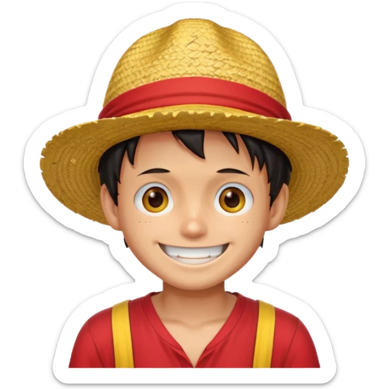 Luffy with a big smile and red shirt with yellow and red straw hat sticker