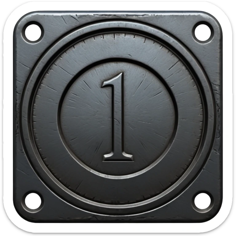 Minimal emoji, gothic metal coin made of black steel, engraved number 1 at the center, ancient industrial aesthetic, worn metal texture, no glow, no neon, flat emoji design, centered, transparent background sticker