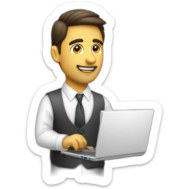 Hombre vesitdo con una laptop haciendo negocios, de color blanco, vestido con traje y corbata sticker