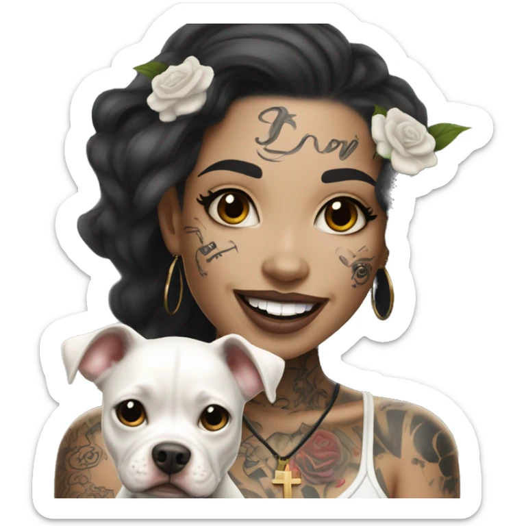 light skin woman with a face tattoo of a cross and long wavy black hair expressing joy alongide a white miniature pitbull  sticker