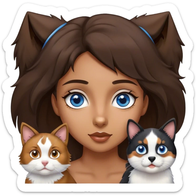 Young brown girl with blue eyes with an Australian shepherd and a black and white cat sticker