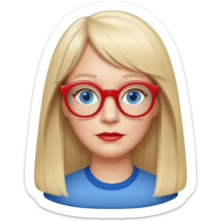50 yr old white woman, pale skin, long straight blond hair parted in center, blue eyes, bangs, clothes for school, big red glasses, oval face, long face sticker