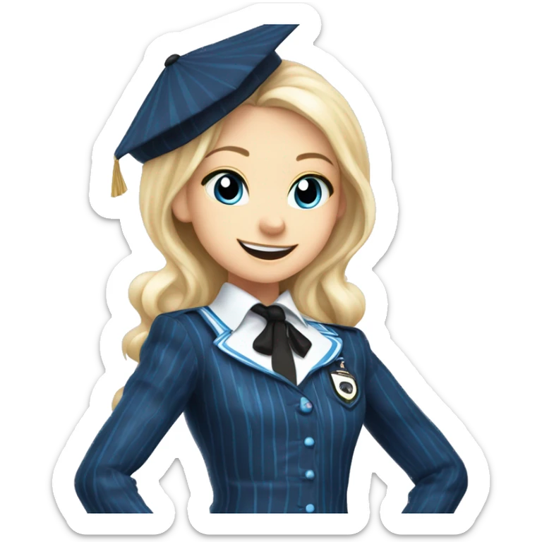 Glitter Girl blonde enid sinclair from Nevermore academy in blue and black vertically striped school uniform dancing to music  sticker