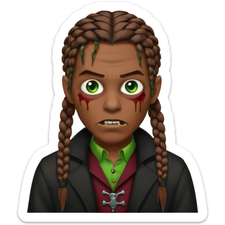 Glued braids men zombie with brown hair color and green eye color, with dark vampire clothes, brown skin sticker