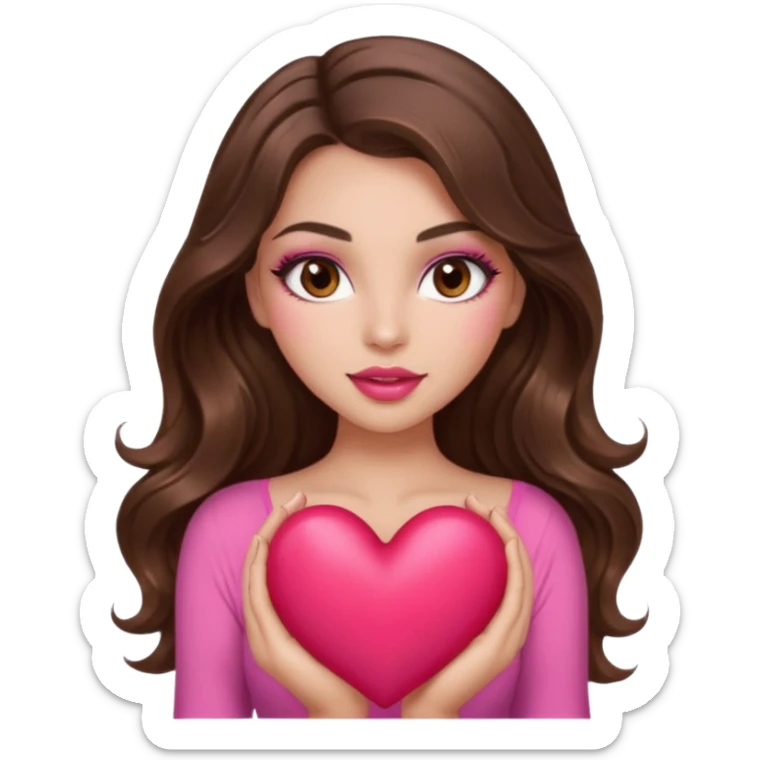 girl with long wavy brown hair, brown eyes, long lashes makeup, sexy pink lips, light to medium complexion, wearing a pink sexy top, holding a big heart sticker