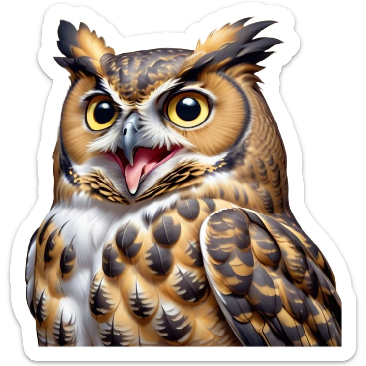 Cinematic Cute Yawning Great Horned Owl Portrait Emoji, Head tilted slightly with a dramatic, wide-open yawn, showcasing a soft, downy mottled plumage with gently drooping feathers, round golden eyes barely open in drowsy contentment, Simplified yet irresistibly adorable features, highly detailed, glowing with a soft, cozy glow, high shine, relaxed yet expressive, stylized with a touch of nocturnal whimsy, bright and endearing, soft glowing outline, capturing the essence of a sleepy yet affectionate owl, so drowsy it feels like it could glide out of the screen and curl up for a nap! sticker