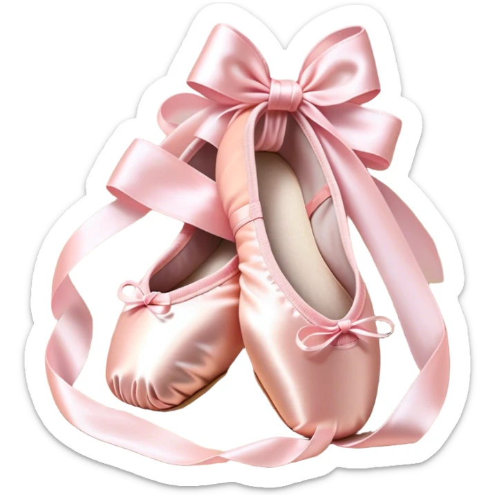 Cinematic Realistic Ballet Shoes, soft satin pink pointe shoes with delicate ribbons, resting gently on a polished wooden floor, subtle creases in the fabric, glowing under the warm golden light of a rehearsal studio, evoking elegance and grace. sticker