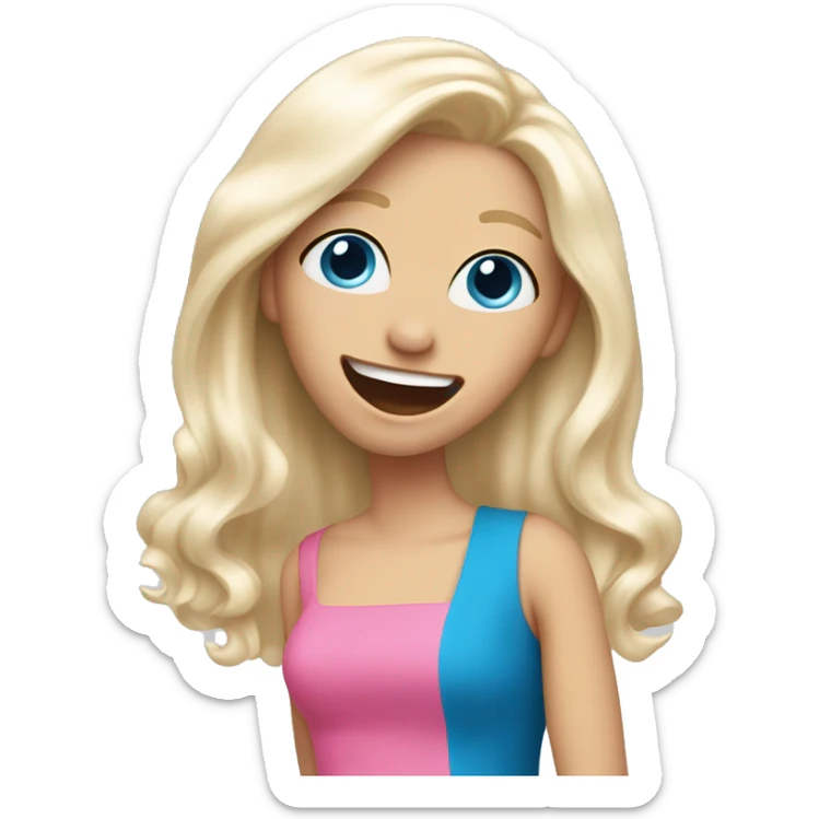 White girl. Long white blonde hair. Blue eyes. Pink dress. Hand in front of mouth laughing  sticker