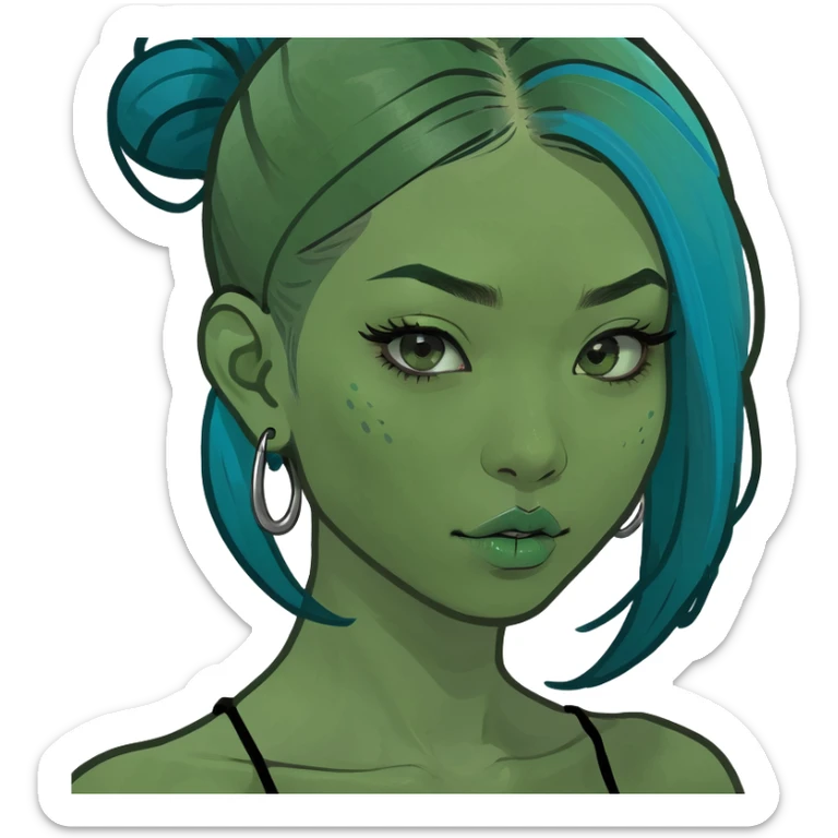 asian girl with blue scene hair with a septum and an eyebrow piercing sticker