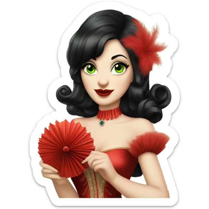 Burlesque dancer with black hair, pale skin, and green eyes in a red vintage costume holding red feather fans sticker