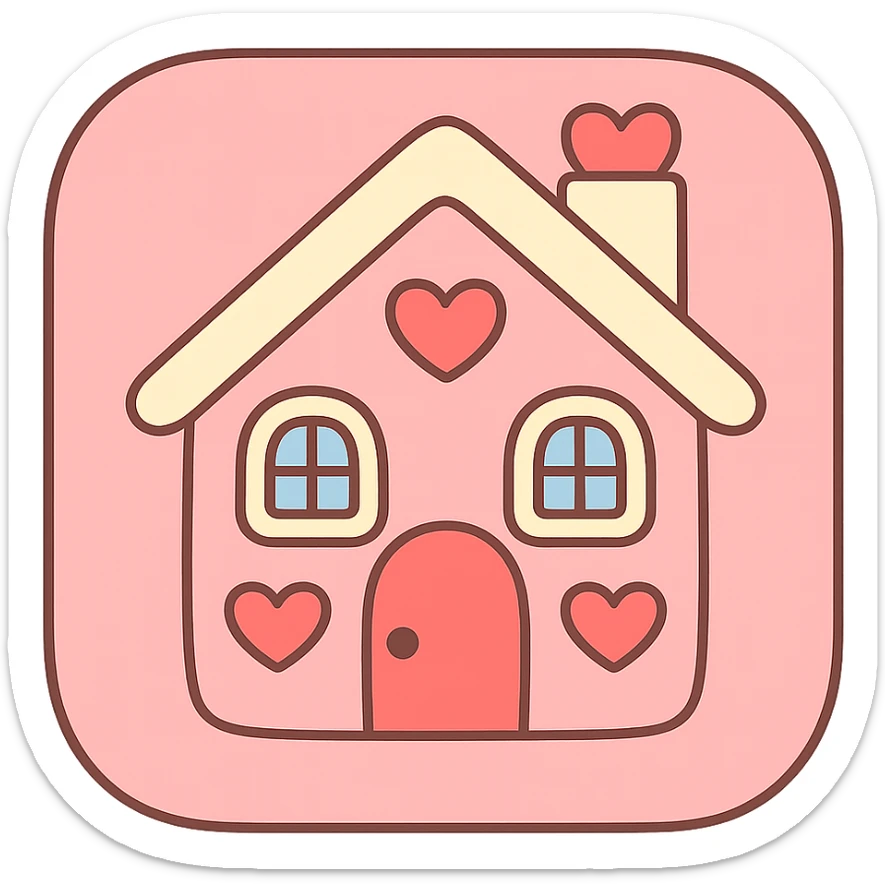 house button in coquette style, pink and cream color palette, heart accents, rounded edges, cute and inviting sticker