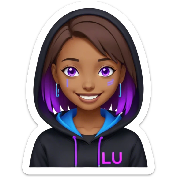 brown haired girl with a bob and blue eyes wearing black hoody with violet letters "Lu", laughs. Cyberpunk style. Violet neon. sticker