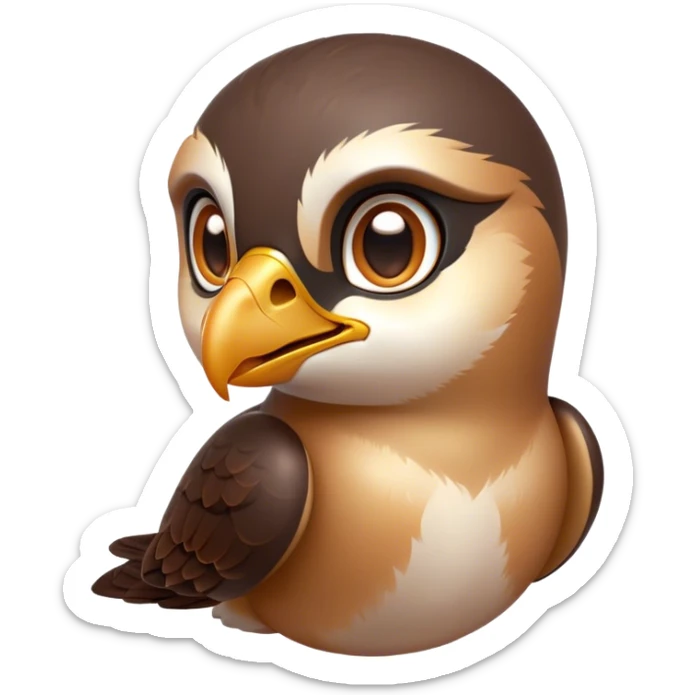 Cinematic Cute Falcon Portrait Emoji, Head tilted playfully and inquisitively, featuring a sleek, agile form with a delicately curved beak and round, sparkling eyes full of spirited charm, Simplified yet irresistibly adorable features, highly detailed, glowing with a warm, inviting glow, high shine, affectionate and lively, stylized with a touch of whimsical aerial grace, soft glowing outline, capturing the essence of a mischievous yet endearing falcon that seems as if it could dart out of the screen into your heart! sticker