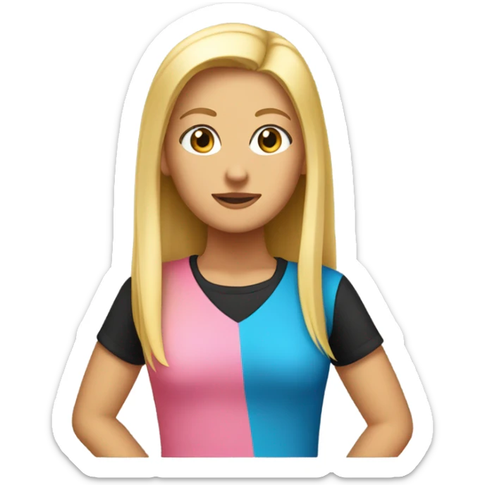 tall tanned girl with long straight blonde hair, blue eyes, she wear so much make-up, has a pink t-shirt and a black skirt sticker