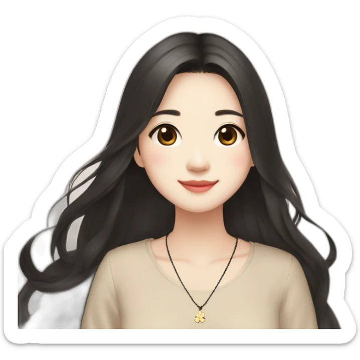 cute-singaporean-chinese-girl-in-muji-beige-dress-with-long-black-hair-and-van-cleef-clover-necklace sticker