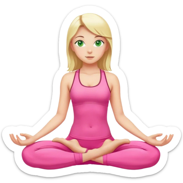 Blonde European girl with green eyes sitting in yoga pose in pink sport suit  sticker
