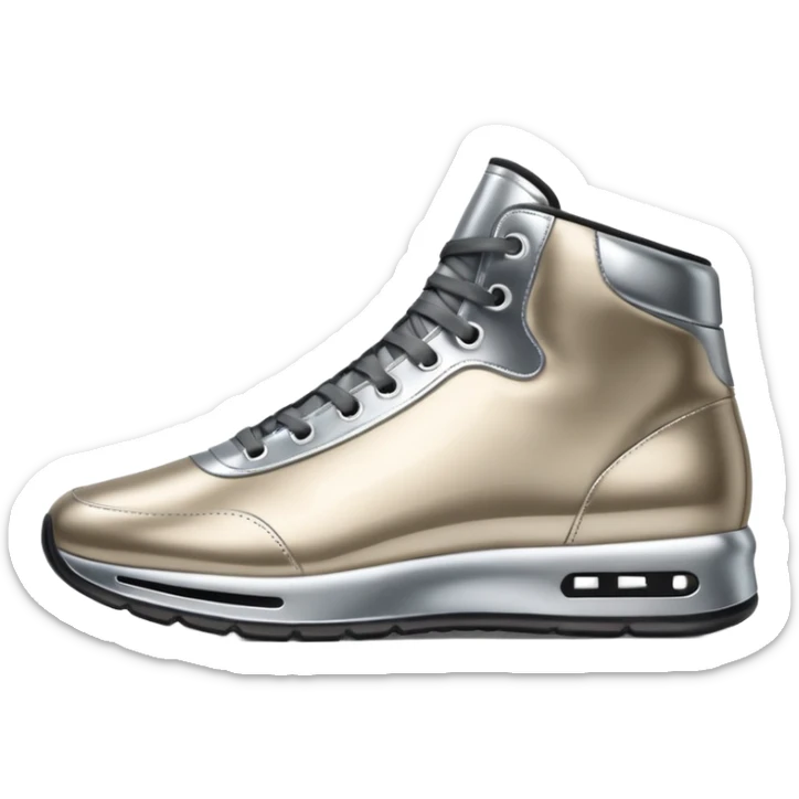 A pair of futuristic sneakers emoji made of silver chrome, sleek streetwear design, smooth metallic panels, subtle reflections, luxury swag aesthetic, iOS emoji style, centered, clean white background sticker
