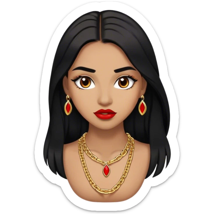 Woman, light brown skin, black long hair, medium arched eyebrows, brown eyes, full lashes, and red lips wearing a gold necklace chain sticker