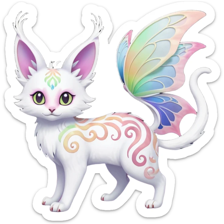 Pure-snow-White albino iridescent with pastel rainbow-gradients-color-markings with swirly patterns butterflies  faerie-Noivern-Noibat-Purloin-Torracat-Lykoi-Caracal-cat-Fakemon-fusion-hybrid-creature-scared sticker