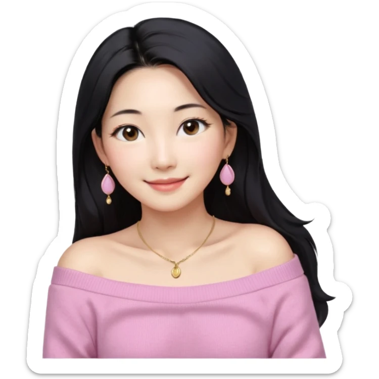 South Korean girl in her mid-thirties with long black hair and a middle part. She is wearing a baby pink, off the shoulder long sleeve knit sweater. She has small gold earrings and a gold necklace. She has brown eyes with narrow, mono lid shape and smiling with lips together sticker