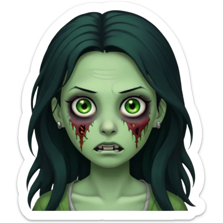 Zombie girl with a facial piercings long black hair green skin sticker