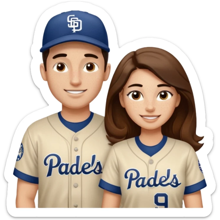 *White* Smiling couple. Woman has big cheeks and a lot of freckles on the nose. long brown hair. Man has black and very short hair and prominent eyebrows with egipcian nose. Both are wearing “Los Padres” baseball jerseys and with a sign that says “Go Padres!” sticker