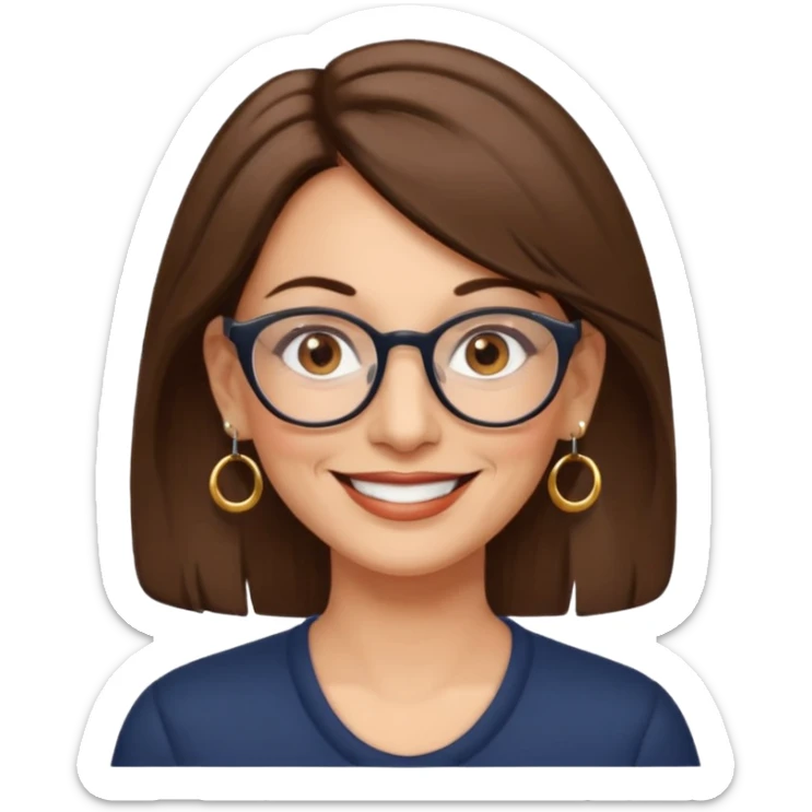 Women 50 years, brown eye and brown mi-long hair with glasses and circle earing sticker