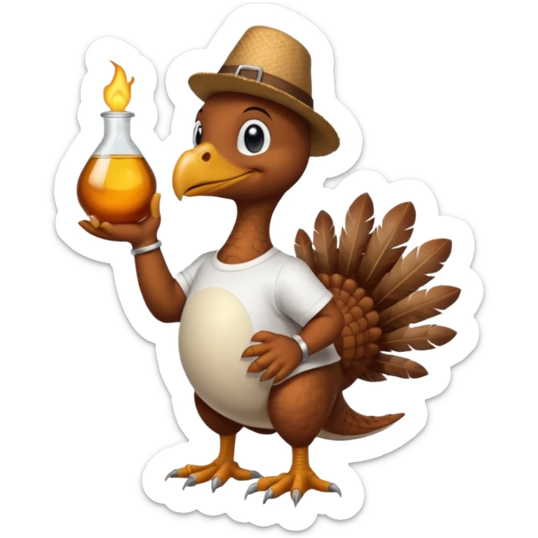Thanksgiving Turkey wearing a T-shirt with a Sinclair oil dinosaur sticker