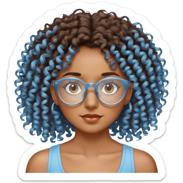 Chica morena cabello crespo con lentes transparentes y ojos cafés y blusa  de tiras color azul claro. sticker