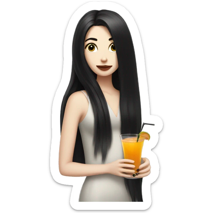 Pale girl with long black hair with chest holding cocktail sticker