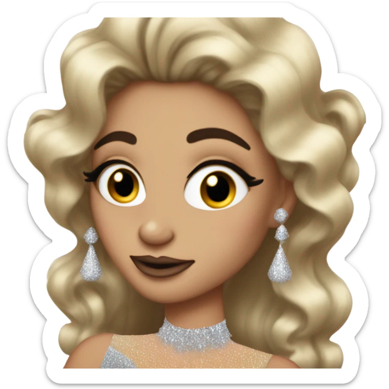 A drag queen with huge long hair and a glittery dress, putting on blusher from a compact sticker