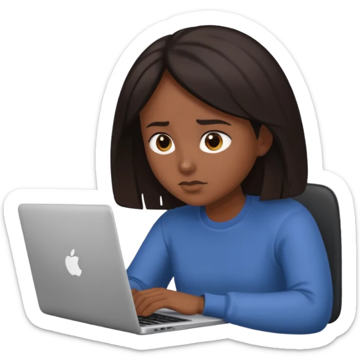 The central figure is an emoji of a person with dark hair with laptop sticker