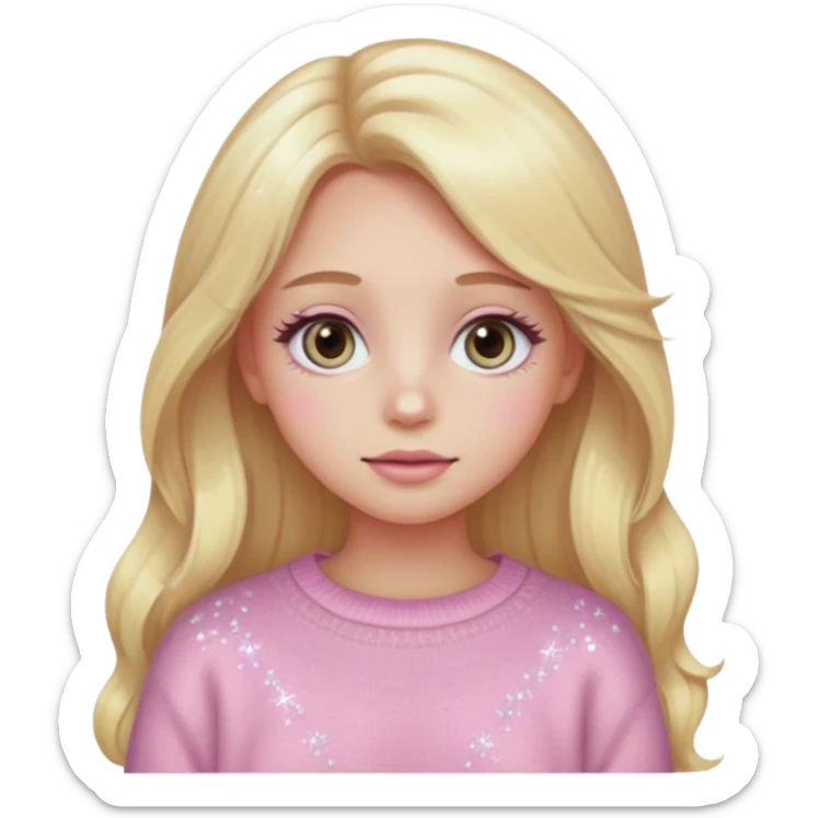 “Emoji girl, pastel pink blush, sparkly wide eyes,  oversized pastel sweater long blonde hair.” sticker