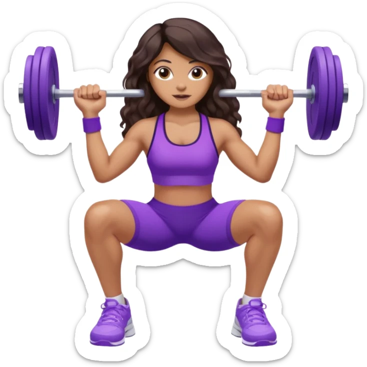 mujer de tez trigueña, con cabello castaño oscuro ondulado no muy marcado, hasta la cadera super largo estilizado, con ropa deportiva morada/lila, tenis blancos deportivos y levantando una pesa sticker