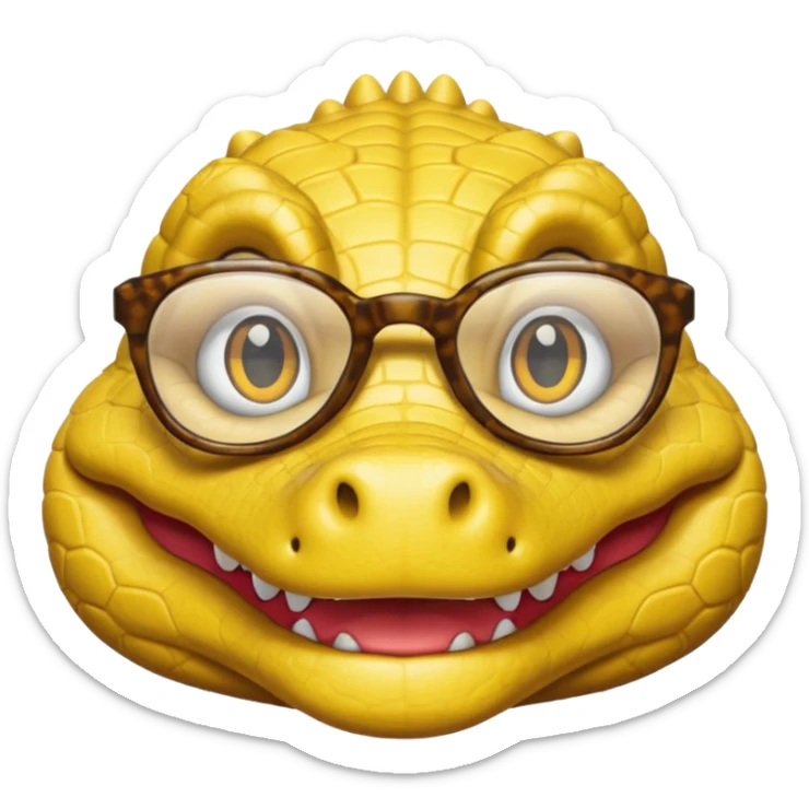 Cocodrilo feliz con boca cerrada mirando de frente que tengan lentes y sea color amarillo con fondo blanco sticker