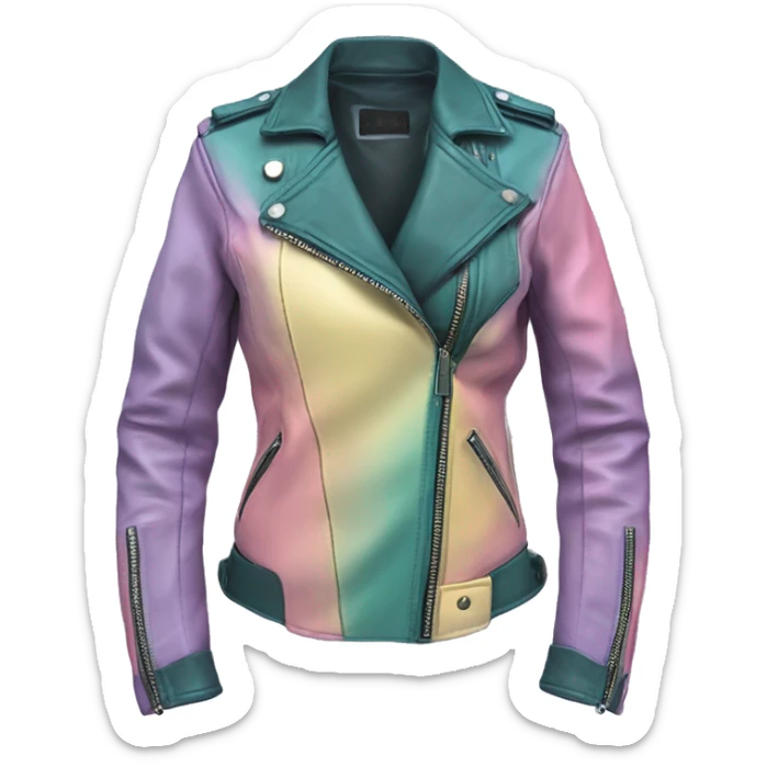 Realistic isolated side view of a pastel purple,dark teal,pastel yellow and pastel pink ombre open military style leather fashion jacket. sticker