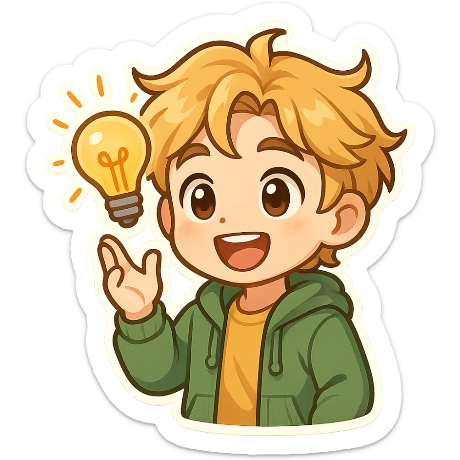 bright and expressive male visionary, fair skin, tousled golden hair, wide joyful eyes, wearing a green hoodie over a yellow tee, one hand raised with a glowing lightbulb, waist-up, front-facing sticker