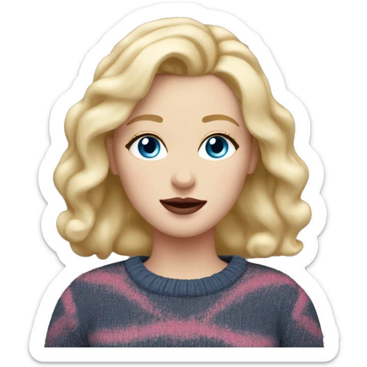 White woman with blonde hair, black pink sweater, blue eyes, red lip￼ sticker
