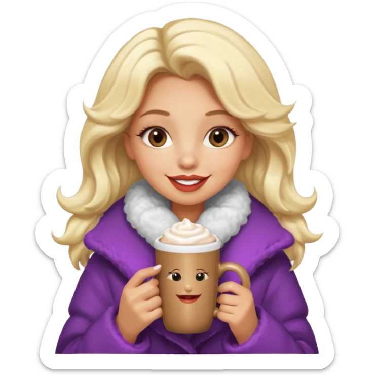 Tanned Girl with lashes , blonde hair, in an extremely big fluffy oversized coat and hold hot chocolate drink and half moon eyes , big lip sticker
