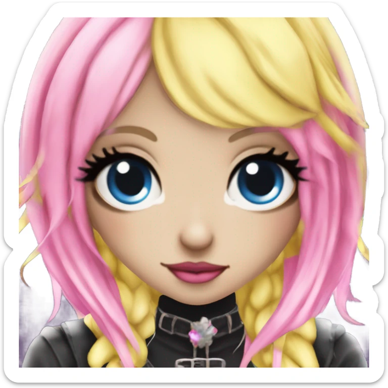 Blue eyed long eye lashes blonde and pink hair pale hime gyaru girl, hot pink and yellow split-dyed hair, nose ring, elf ears, dark makeup, punk clothes sticker
