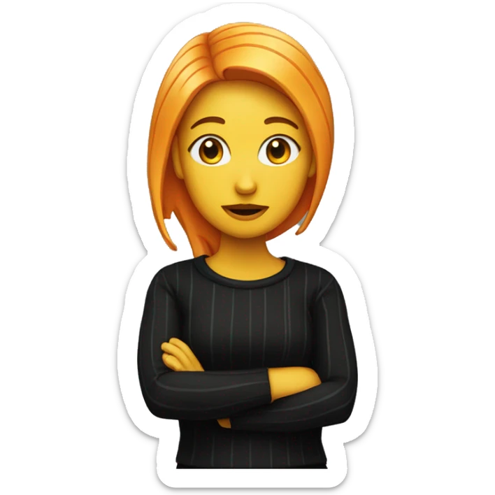 person standing emote, but it is a woman, with yellow skin, striped orange-black hair, a black sweater sticker