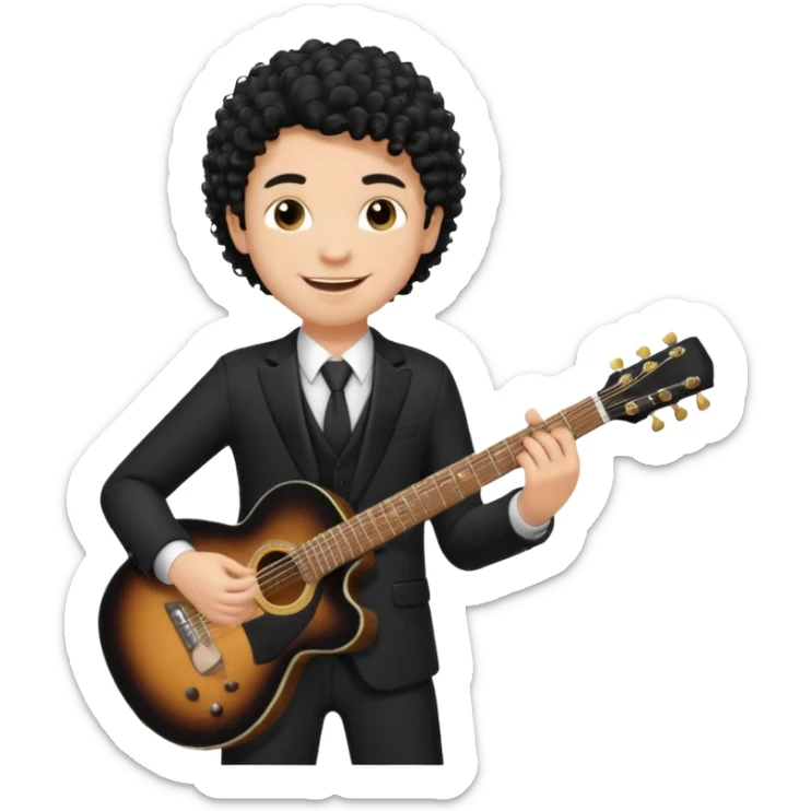 A white boy with black fade curly hair Smiling and holdijg a guitar in a black suit  sticker