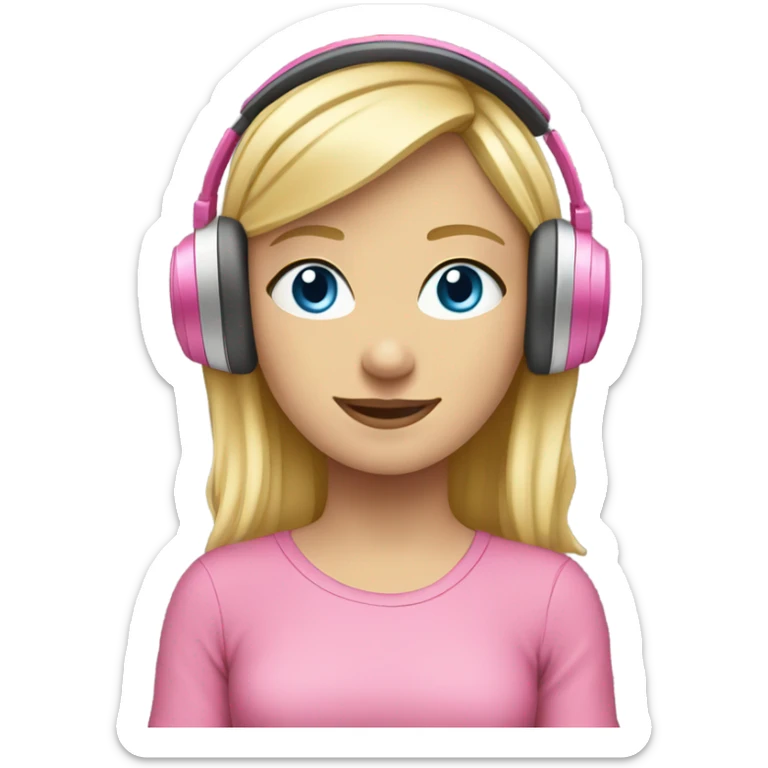 blonde hair blue eyed girl with pink headphones and computer sticker