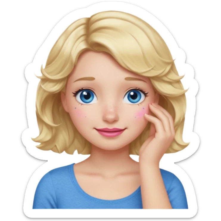 Girl Blonde short wavy hair,  blue eyes, cute blue top, long lashes, pink lips, smiling, 🤦🏻‍♀️ sticker