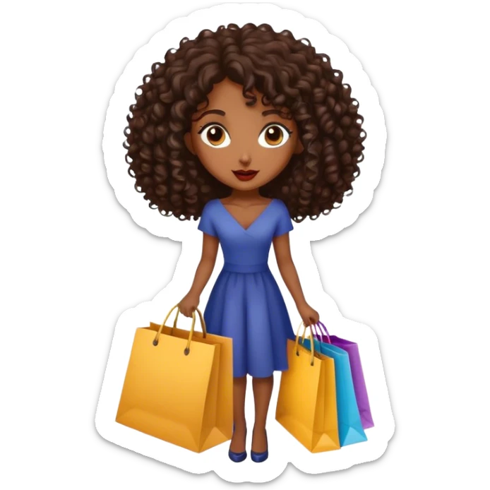 Rich dark brown girl with dark brown mid-length curly hair expensive retail shopping bags sticker
